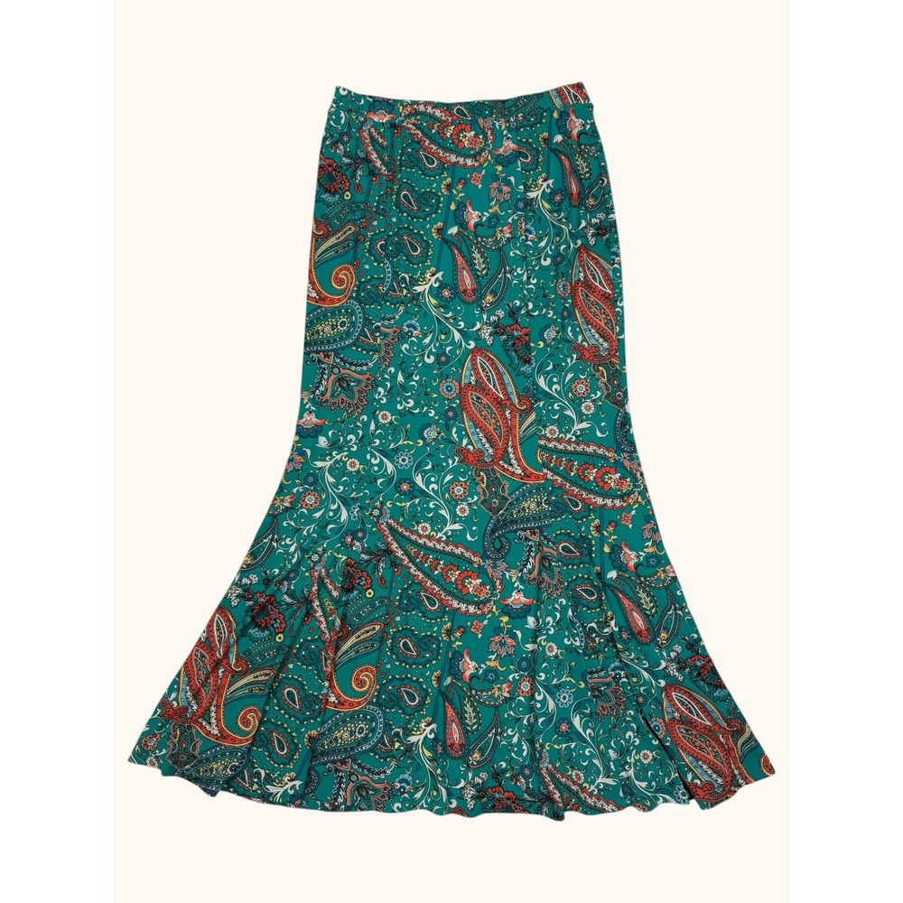 Cato Teal Paisley Floral Midi Skirt Womens Medium Boho Flare Elastic Waist